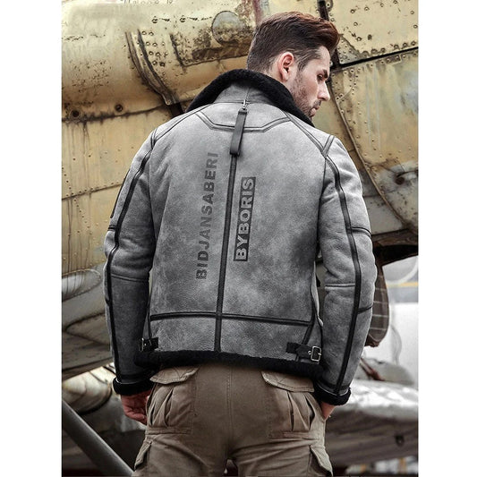 B3 Bomber Jacket Grey Shearling Jacket - S