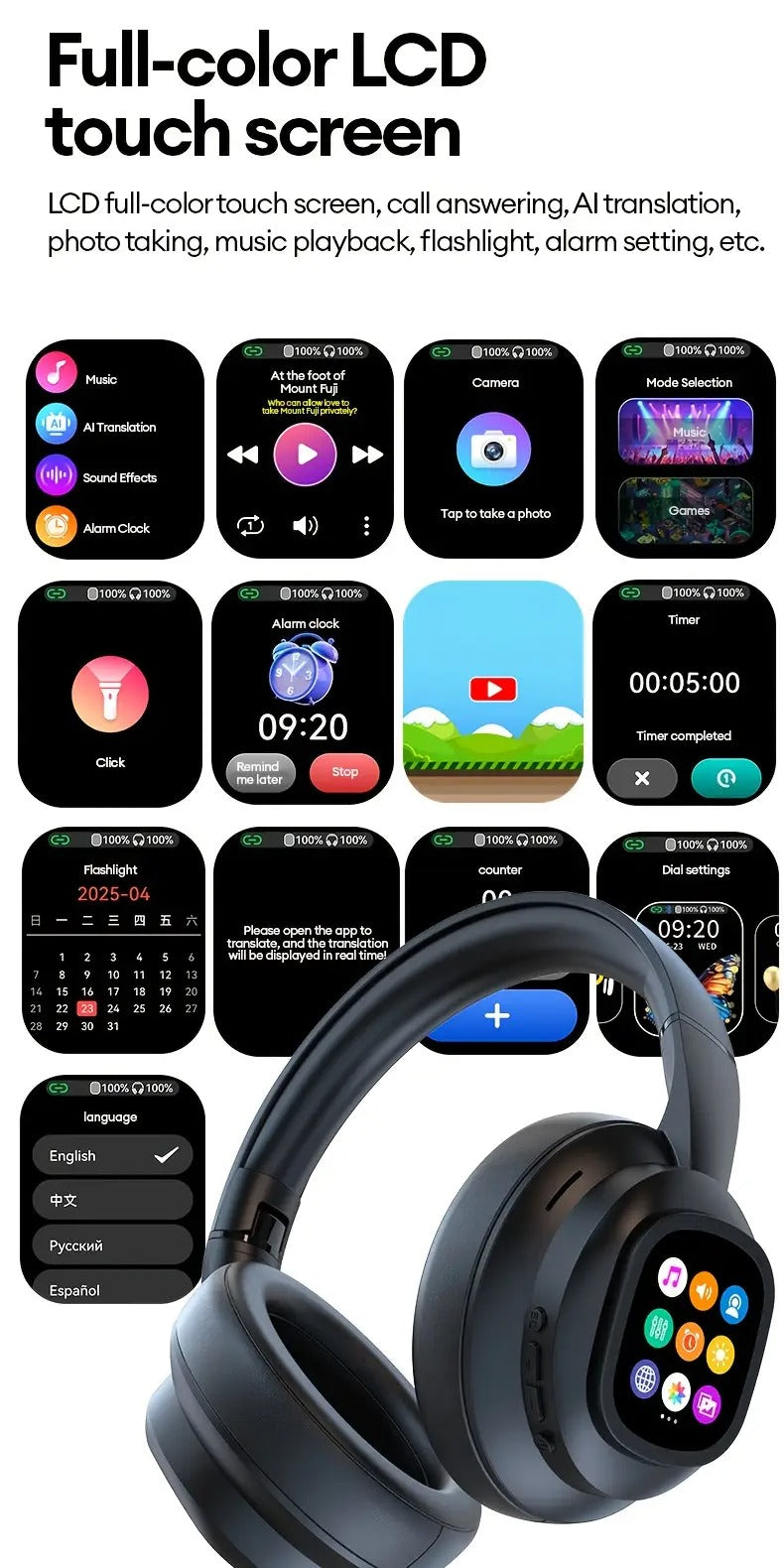 NNETM AI Translation Headphones LCD Touch Wireless Earbuds-4