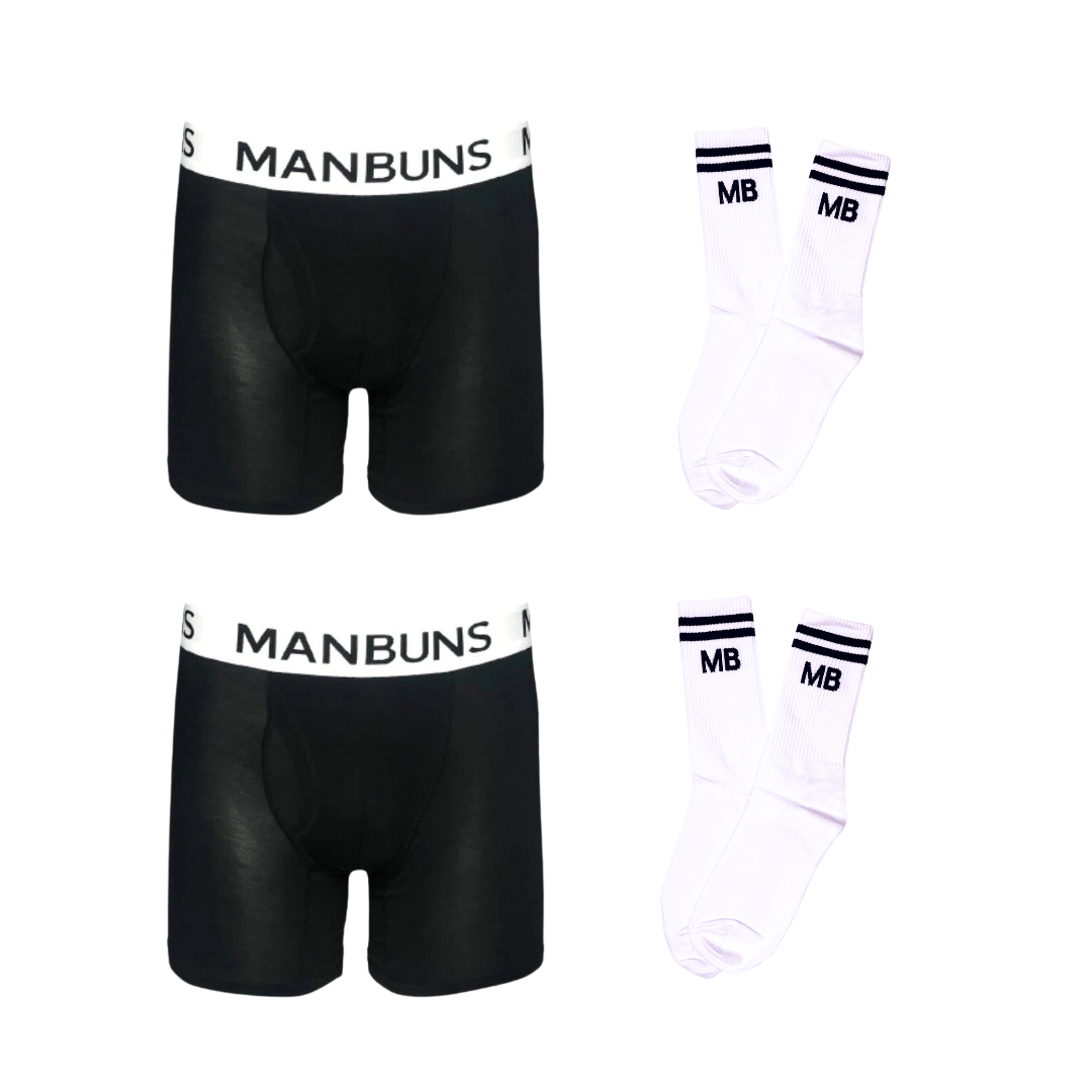 Men's Classic Black Boxer Brief Underwear with Pouch and Athleisure Crew Sock Double Buns & Socks Set-0