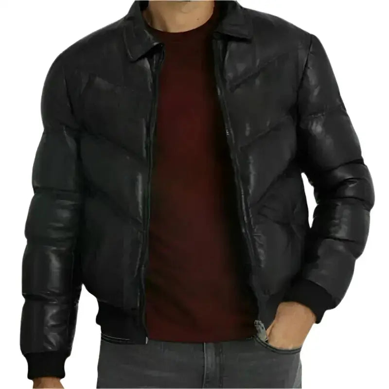 Mens Lamb Skin Leather Puffer Jacket-3