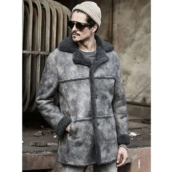 Men's Shearling Bomber Jacket Hunting Leather Jacket Winter Coat-4