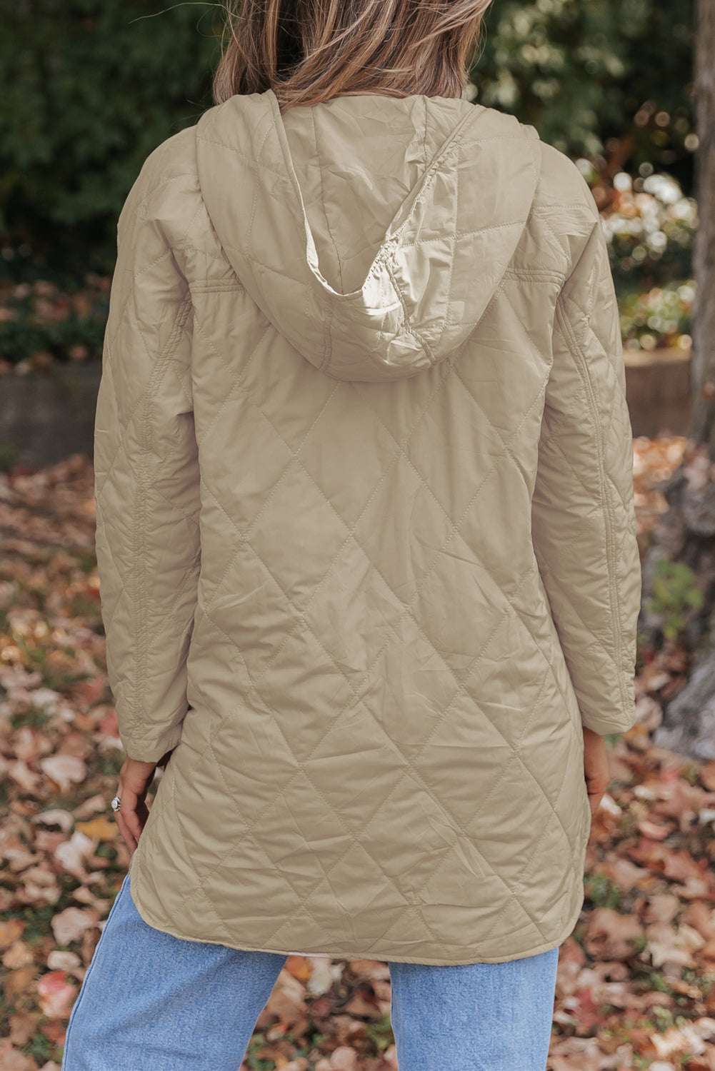 Khaki Quilted Puffer Jacket – Hooded Snap Button Coat-1