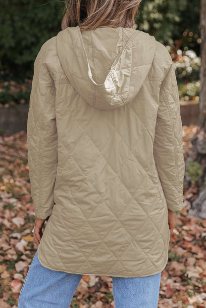 Khaki Quilted Puffer Jacket – Hooded Snap Button Coat-1