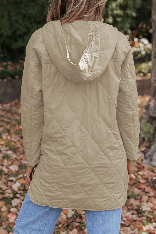 Khaki Quilted Puffer Jacket – Hooded Snap Button Coat-1