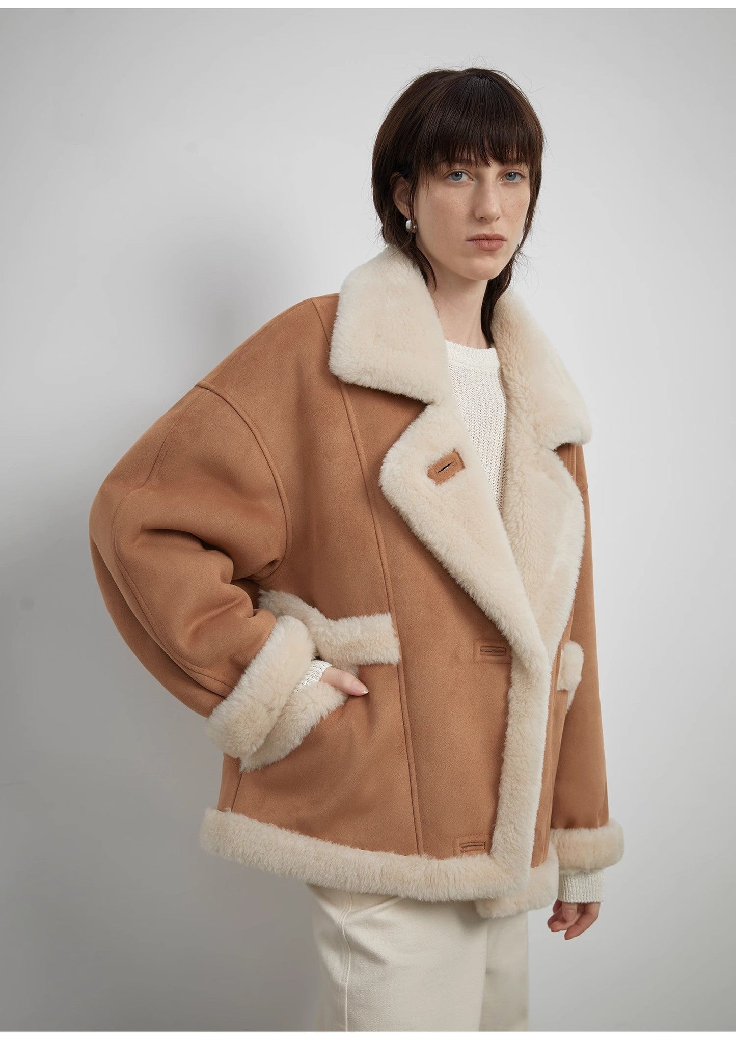 “Shepherds” Lapel biker wind wool artificial compound suede shearling coat  female-3