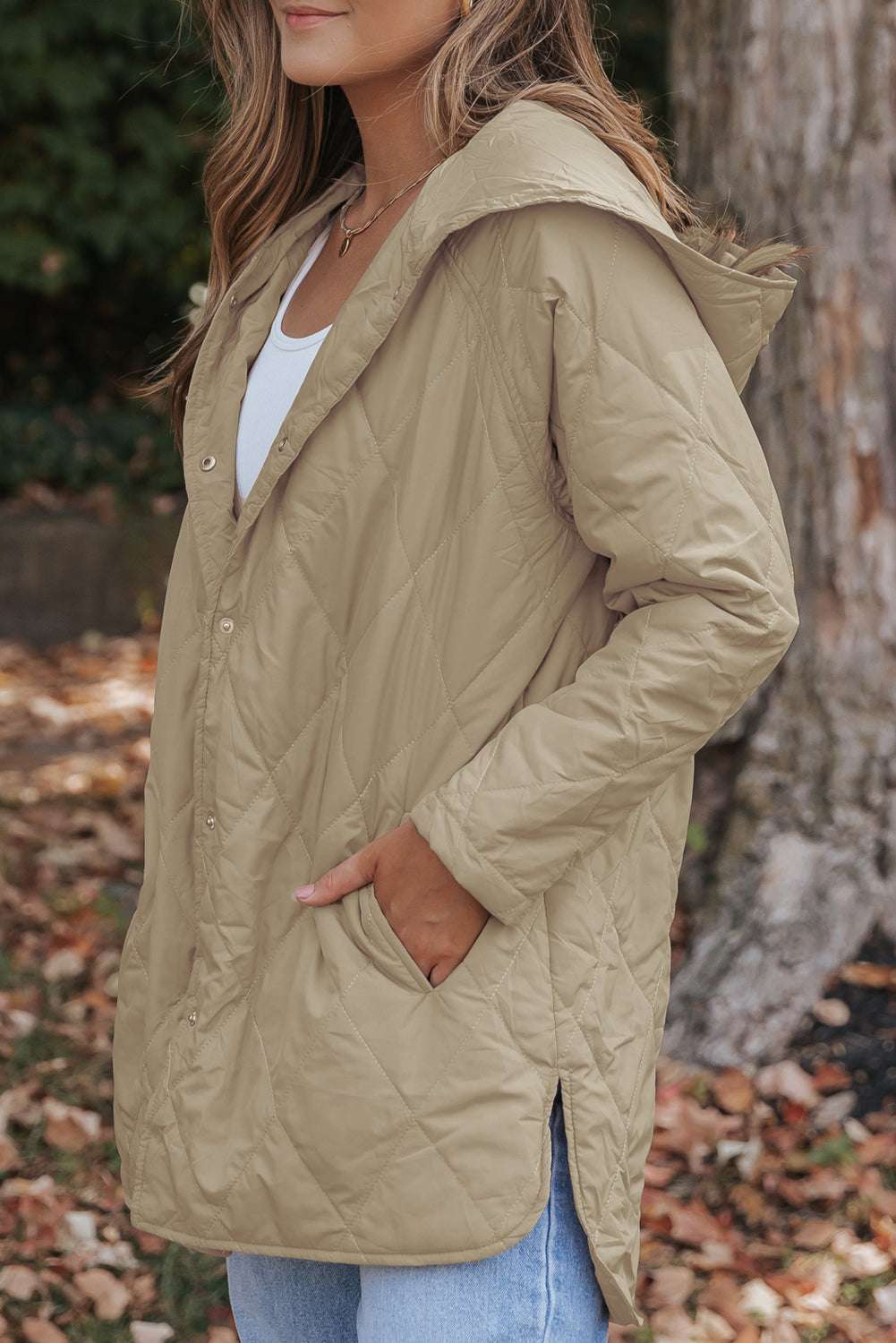 Khaki Quilted Puffer Jacket – Hooded Snap Button Coat-2