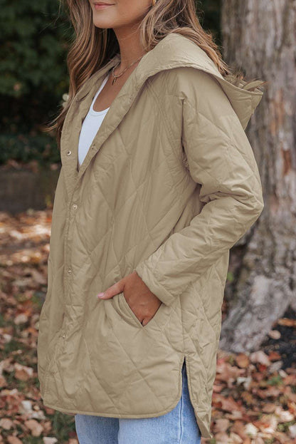 Khaki Quilted Puffer Jacket – Hooded Snap Button Coat-2