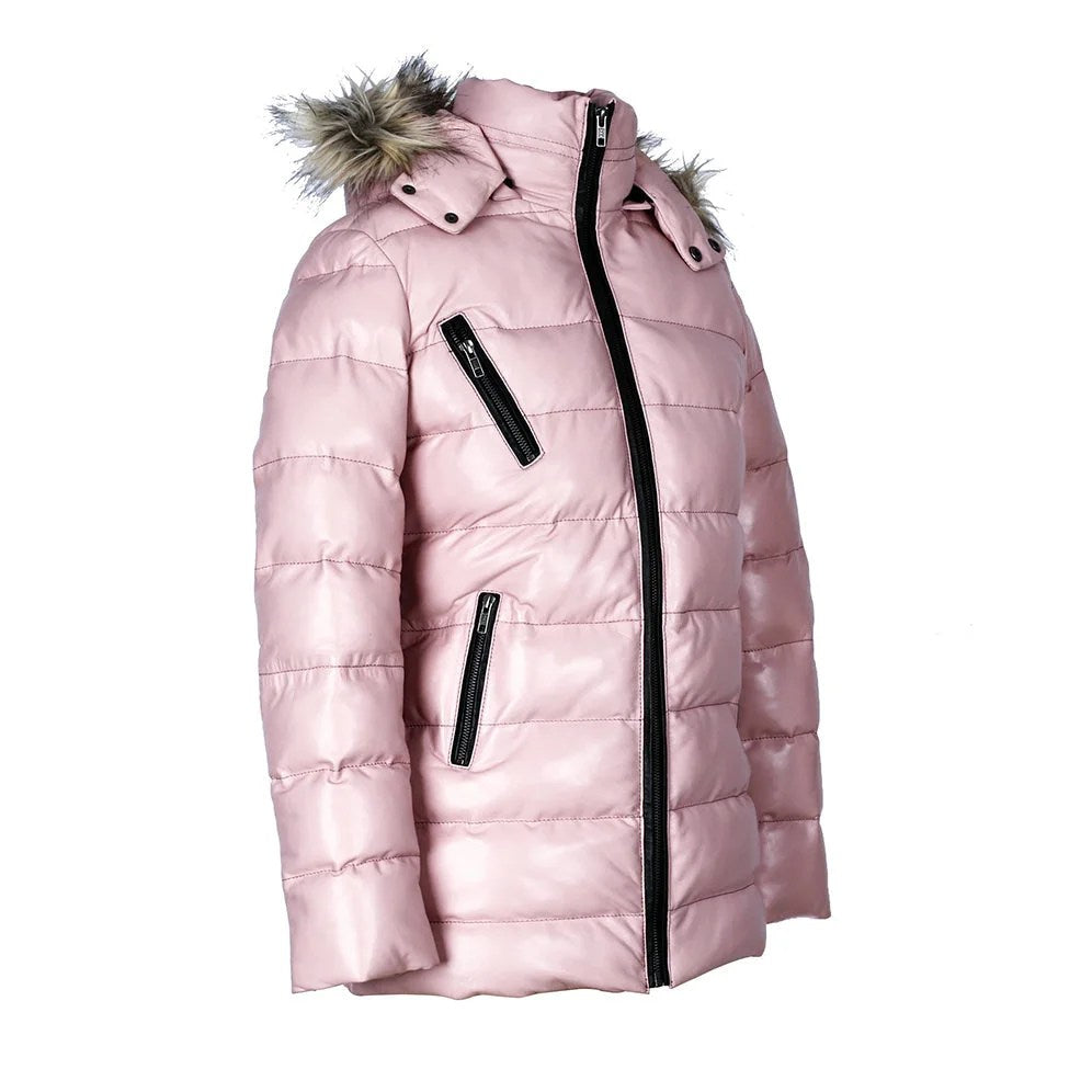 Womens Selina Puffer Leather Jacket with Fur Hoodie Pink-1