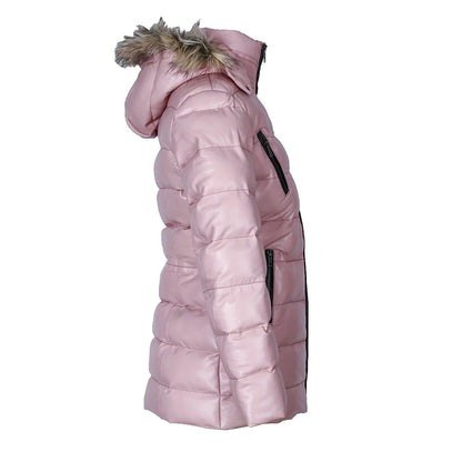 Womens Selina Puffer Leather Jacket with Fur Hoodie Pink-2