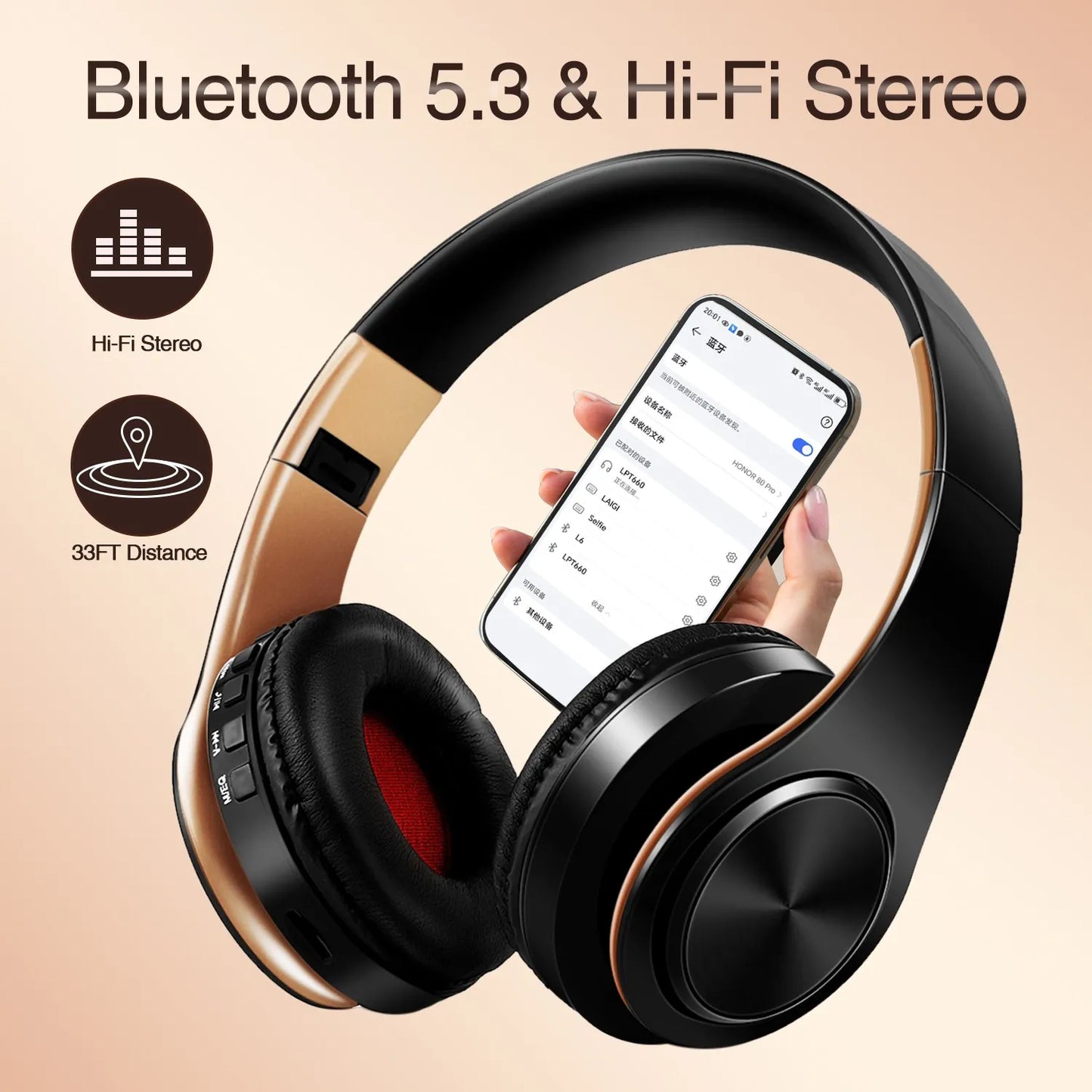 NNEOBA Wireless Bluetooth Headphones Gold-1