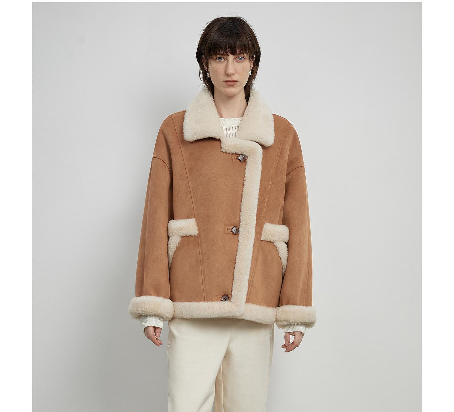 “Shepherds” Lapel biker wind wool artificial compound suede shearling coat  female-1