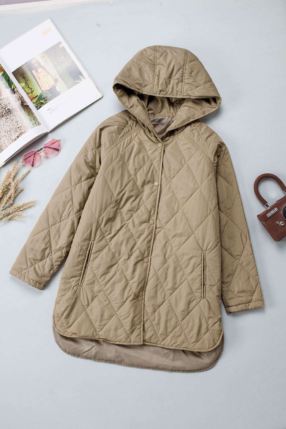 Khaki Quilted Puffer Jacket – Hooded Snap Button Coat-4
