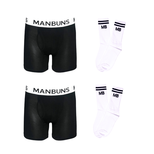 Men's Classic Black Boxer Brief Underwear with Pouch and Athleisure Crew Sock Double Buns & Socks Set-0