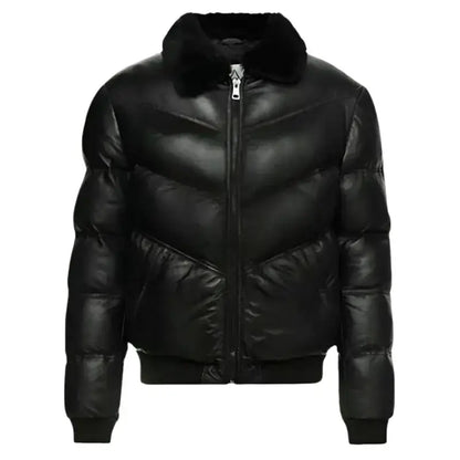 Mens Lamb Skin Leather Puffer Jacket-0