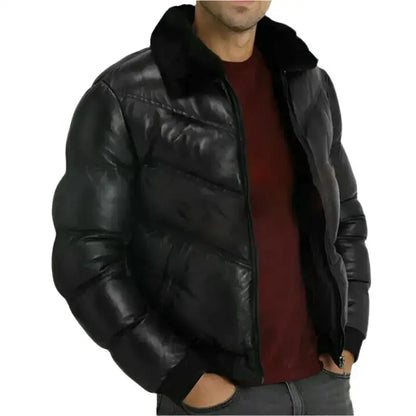 Mens Lamb Skin Leather Puffer Jacket-2