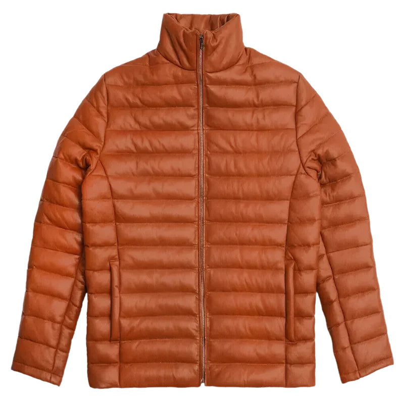 Mens Quilted Lambskin Leather Puffer Jacket-0