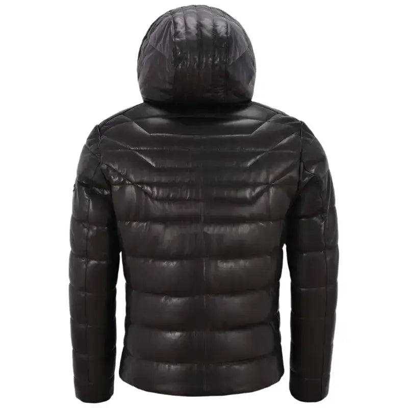 Mens Real Leather Puffer Hooded Jacket-2