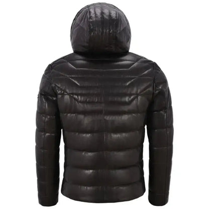 Mens Real Leather Puffer Hooded Jacket-2