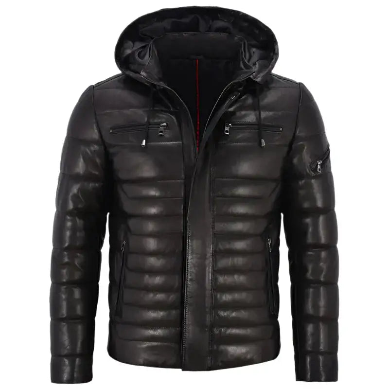 Mens Real Leather Puffer Hooded Jacket-0