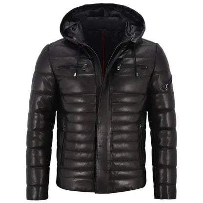 Mens Real Leather Puffer Hooded Jacket-0