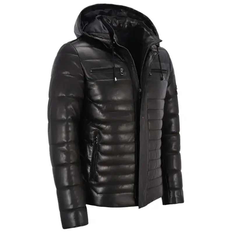 Mens Real Leather Puffer Hooded Jacket-1