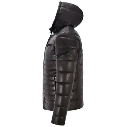Mens Real Leather Puffer Hooded Jacket-3