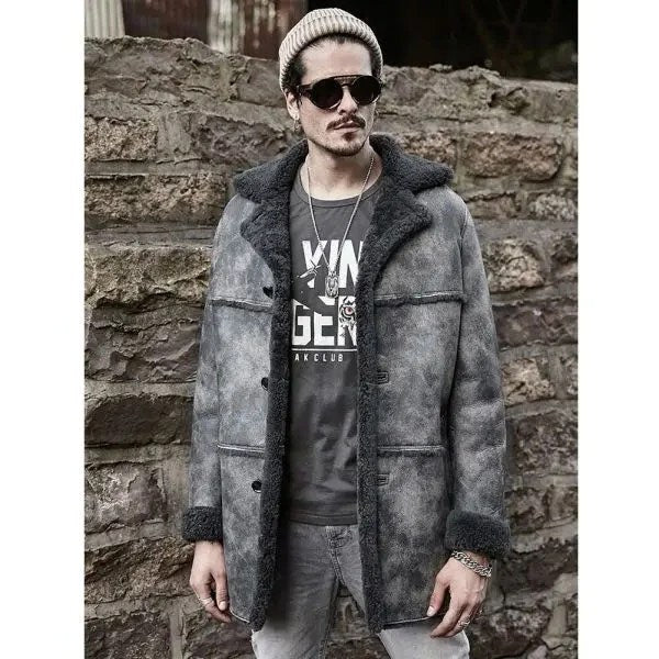 Men's Shearling Bomber Jacket Hunting Leather Jacket Winter Coat-3