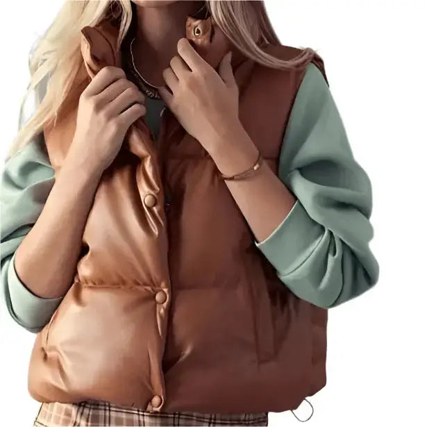 Women’s Tan Brown Leather Puffer Vest-1