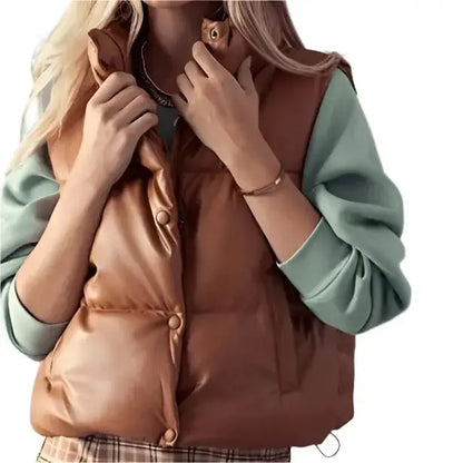 Women’s Tan Brown Leather Puffer Vest-1