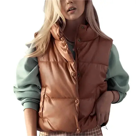 Women’s Tan Brown Leather Puffer Vest-0